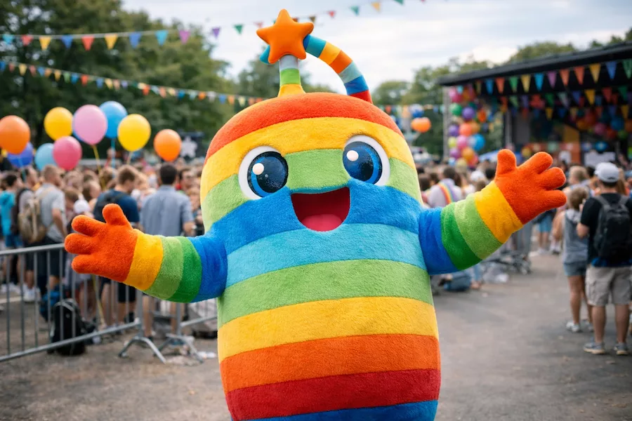 Färgglad maskotdräkt som används vid event och underhållning – glad figur i regnbågsfärger möter publik på festival med ballonger och scen i bakgrunden.